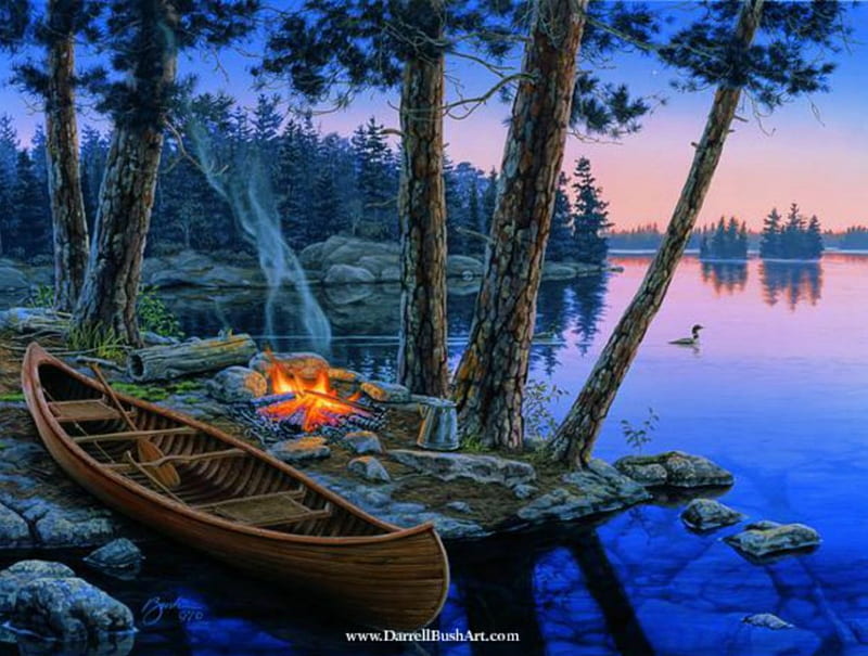 SUMMER'S SONG, campsites, wetland, canoes, trees, campfires, fires, boats, water, forests, reflections, HD wallpaper