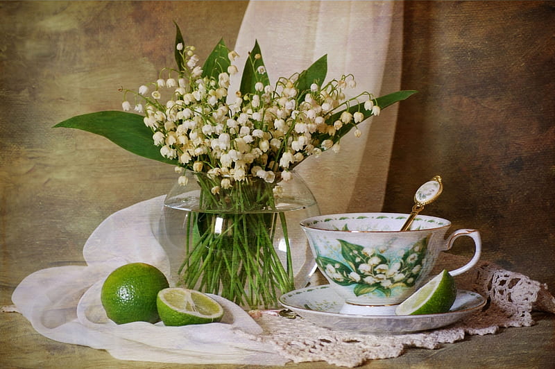 still life, pretty, lily of the valley, lace, vase, bonito, tea, fruit, graphy, nice, green, flowers, drink, beauty, harmony, lovely, elegantly, lemon, water, cool, bouquet, cup, flower, scarf, white, HD wallpaper