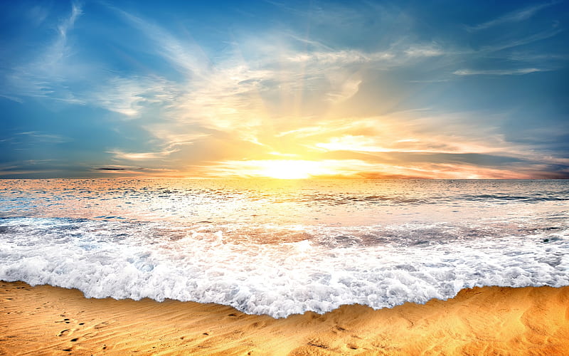 sunrise, morning, sea, waves, beach, seascape, HD wallpaper