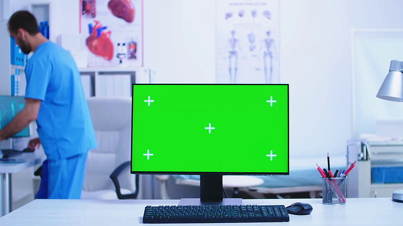 Dolly Shot Of Computer With Green Screen In Hospital Cabinet With Doctor And Assistant Working In The Background. Stock Video Footage 00:18 SBV 338602974 Storyblocks, HD wallpaper