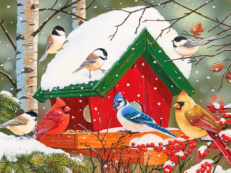 Winter feast, pretty, forest, art, birds, fun, trees, winter, cold, cardinals, gathering, snow, birdhouse, feast, branches, friends, frost, HD wallpaper