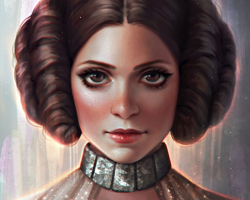 Princess Leia, art, woman, carrie fisher, fantasy, girl, serafleur, portrait, pink, HD wallpaper