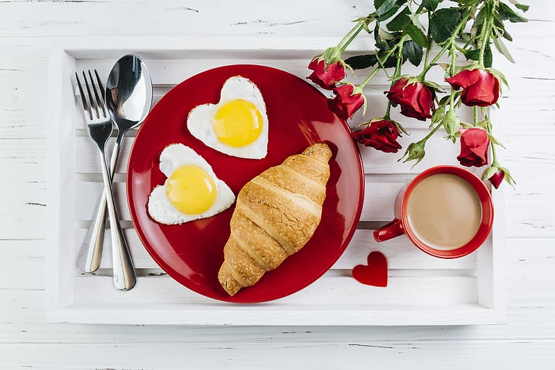 Food, Coffee, Still Life, Egg, Breakfast, Croissant, Heart Shaped, HD wallpaper