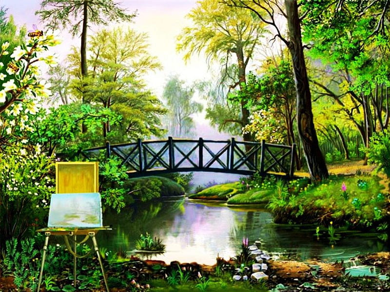 Painter's Place, forest, bridge, scaffold, nature, river, trees, HD wallpaper