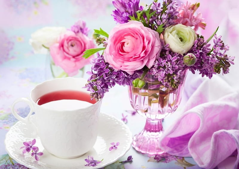 Good Morning, vase, flowers, tea, pink, HD wallpaper