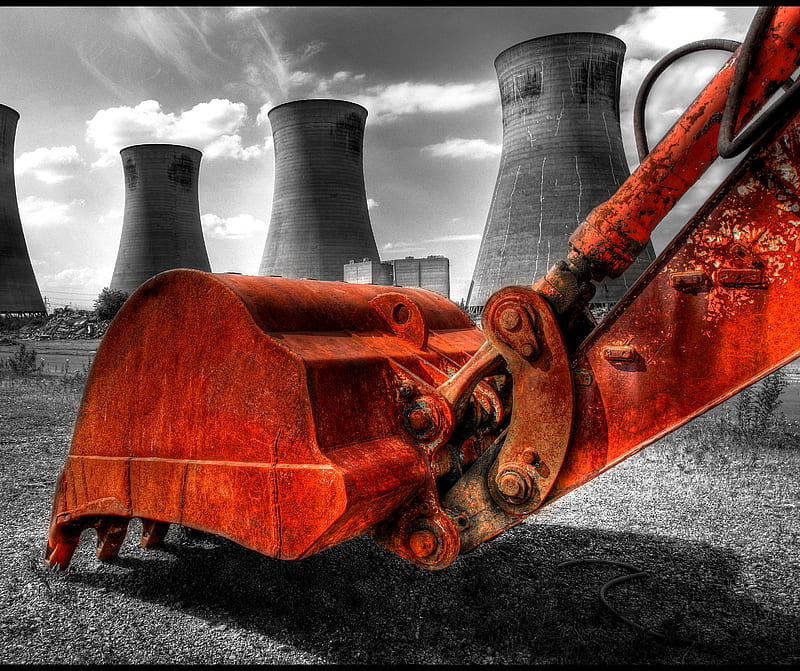 Nuclear Construction, b/w, backhoe, r, machinery, power plant, red, HD wallpaper