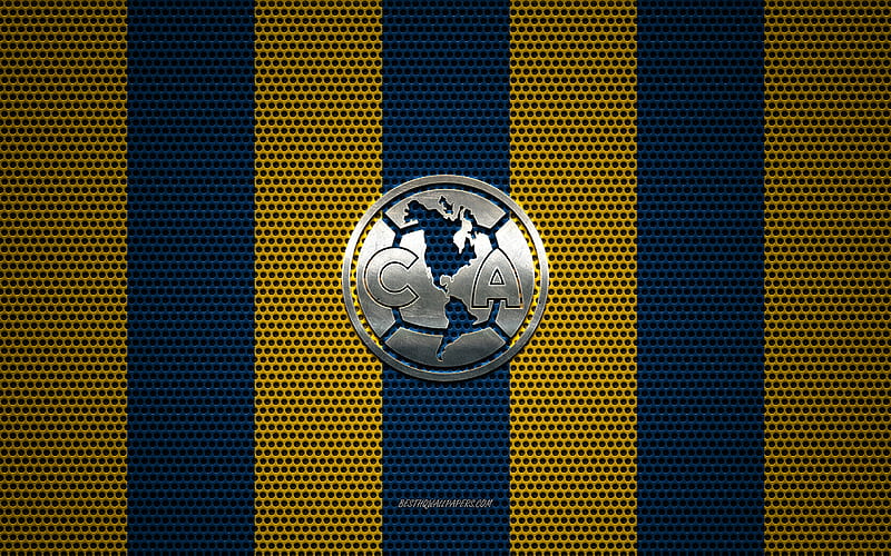 Club America logo, Mexican football club, metal emblem, blue yellow metal mesh background, Club America, Liga MX, Mexico City, Mexico, football, HD wallpaper