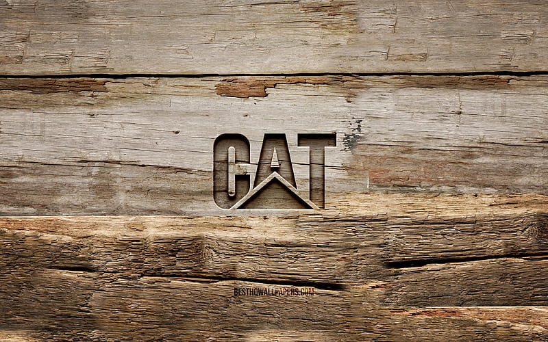 Caterpillar wooden logo wooden backgrounds, CaT, Caterpillar logo, creative, wood carving, Caterpillar, CaT logo, HD wallpaper