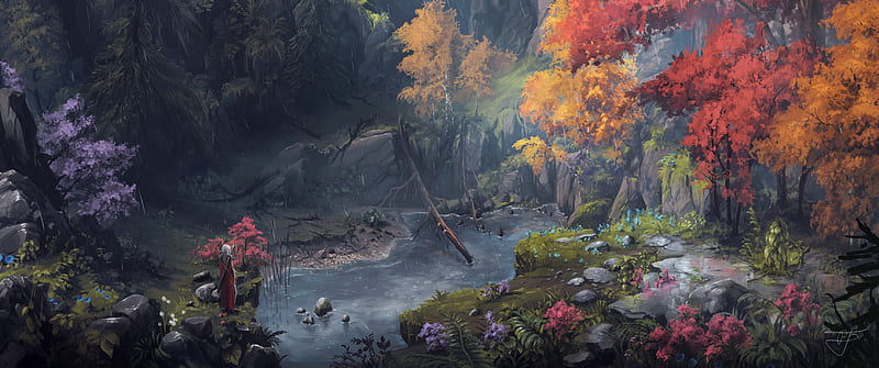 fantasy landscape, woman knight, dual wielding, forest, scenery, water, Fantasy, HD wallpaper