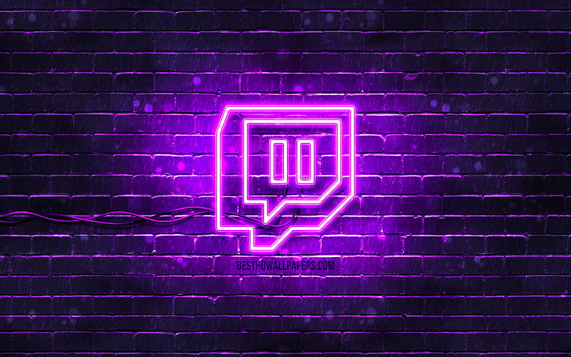 Twitch violet logo violet brickwall, Twitch logo, social networks, Twitch neon logo, Twitch, HD wallpaper