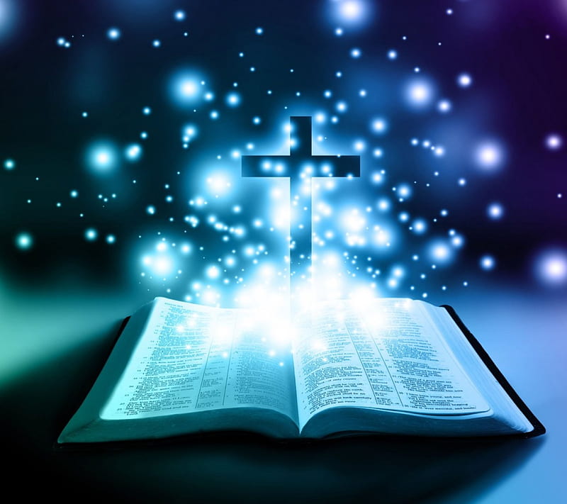 Cross and the Bible, Cross, Bible, Lights, spiritual, blue, HD wallpaper