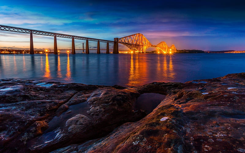 The forth rail bridge, the evening, Edinburgh, the lights, beach, stones, bridge, Scotland, river, Forth Bridge, HD wallpaper