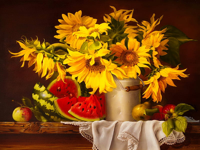 Still life, water melon, pretty, iouquet, art, lovely, fruits, vase, bonito, sunflowers, painting, flwoer, HD wallpaper
