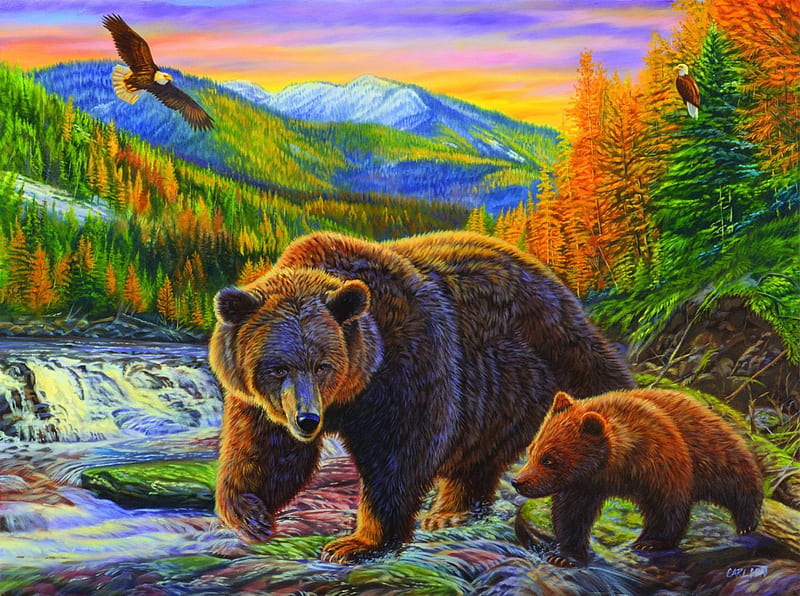 Bear with Pup, eagle, colors, mother, artwork, landscape, HD wallpaper