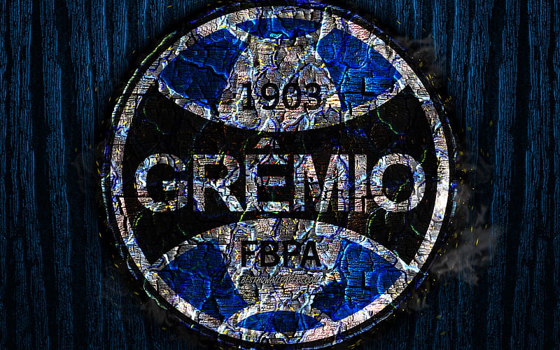 Gremio FC, scorched logo, Brazilian Seria A, blue wooden background, brazilian football club, Gremio FBPA, grunge, football, soccer, Gremio logo, fire texture, Brazil, HD wallpaper
