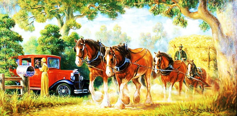 Harvest Time, countryside, oldtimer, car, painting, cart, artwork, horses, HD wallpaper