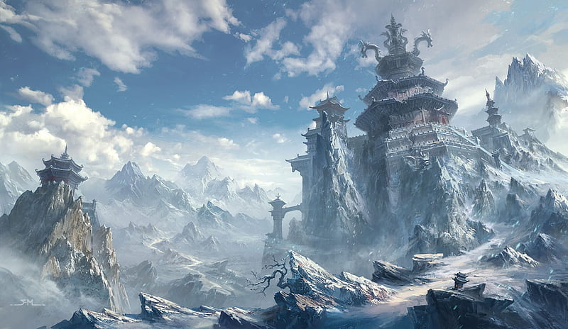 fantasy world, castle, towers, dragons, snow, asian buildings, Fantasy, HD wallpaper