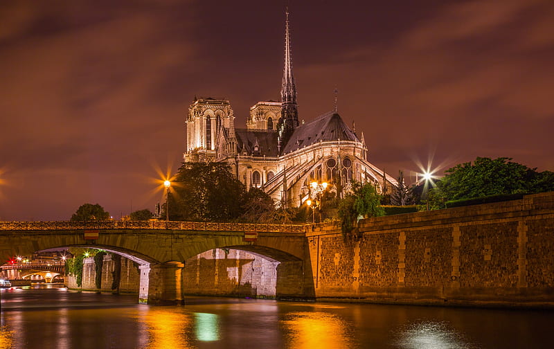 Cathedrals, Notre-Dame de Paris, Cathedral, France, Night, Paris, River, HD wallpaper