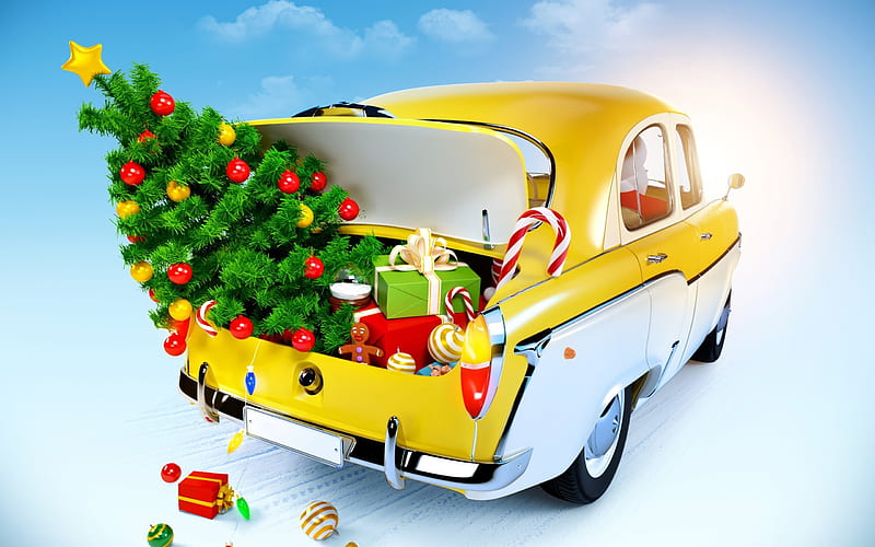 Christmas, New Year, 2017, Christmas tree, 3D car, Christmas, HD wallpaper