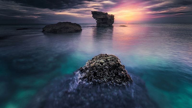 Balearic Sea at Sunset, Spain, rocks, water, reflections, colors, clouds, sky, HD wallpaper