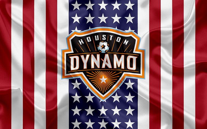 Houston Dynamo logo, emblem, silk texture, American flag, football klb, MLS, Houston, Texas, USA, Major League Soccer, Western Conference, HD wallpaper