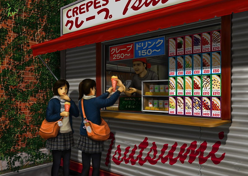 Crepes Stall, female, delicious, male, food, cg, stall, hungry, boy, 3d, girl, anime, anime girl, realistic, snack, HD wallpaper