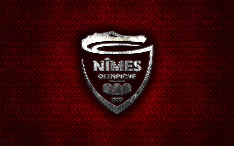 Nimes Olympique, French football club, red metal texture, metal logo, emblem, Nimes, France, Ligue 1, creative art, football, HD wallpaper