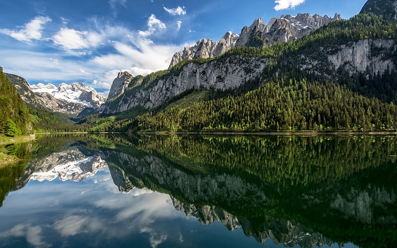 Lake Gosau, mountain lake, spring, mountains, forest, morning, Alps, Austria, HD wallpaper