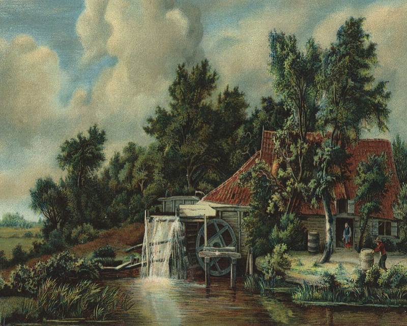 Meyndert Hobbema - A Watermill (1666), painting, seventeenth century, dutch, landscape, HD wallpaper