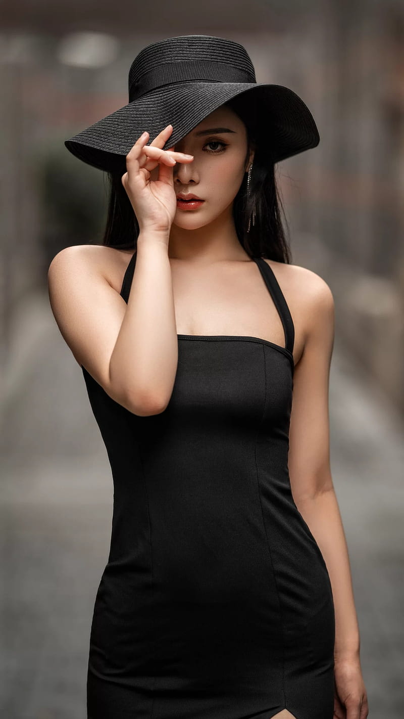 Asian beauty, bonito, black dress, cute, fashion, hat, pretty, red lips, HD phone wallpaper