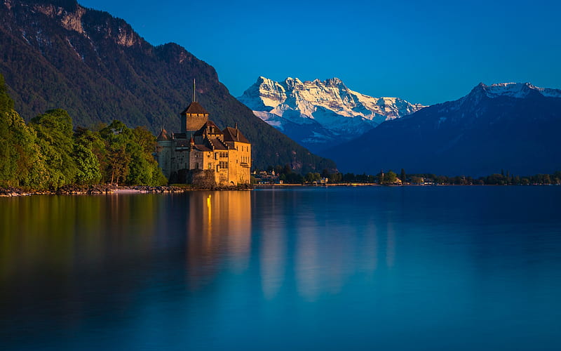 old castle, mountain landscape, lake, Alps, castle, Switzerland, HD wallpaper