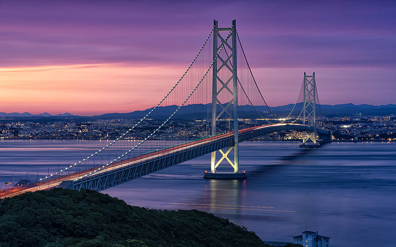 Akashi Kaikyo Bridge, suspension bridge, evening, sunset, Kobe, japan, Kobe panorama, Awaji Island, HD wallpaper