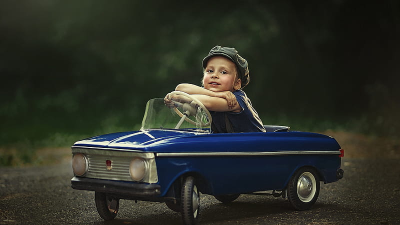 Smiling Boy Child With Hat Is Sitting In Small Blue Car Cute, HD wallpaper