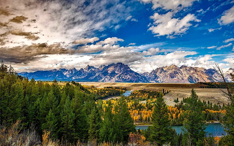 autumn, mountain, river, valley, autumn landscape, USA, Wyoming, Grand Teton National Park, HD wallpaper