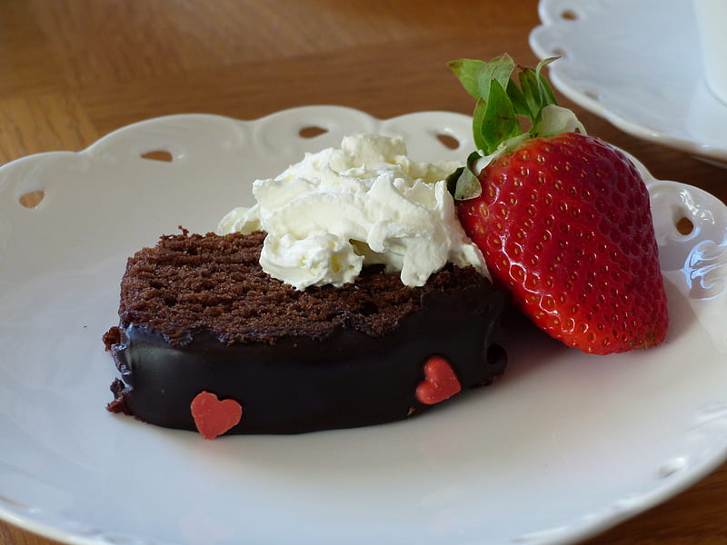 Happy Valentine Day to all..., cake, strawberry, plate, corazones, cream, HD wallpaper