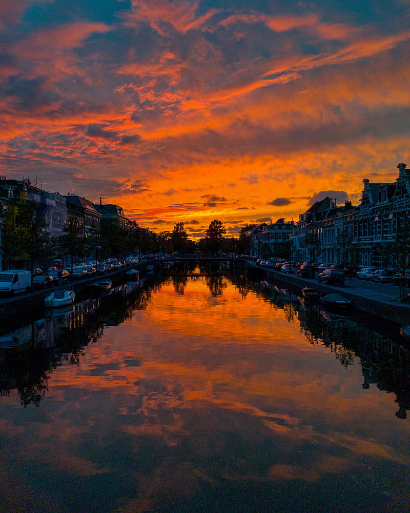 river, sunset, canal, city, netherlands, HD phone wallpaper