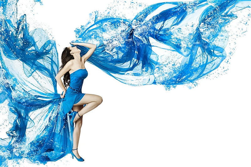 woman, dress, cheerful, wind, dancing, blue, HD wallpaper