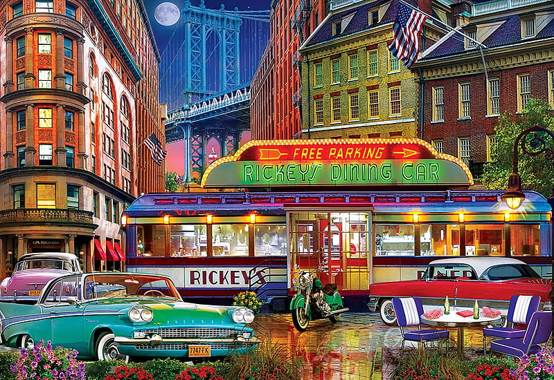 Rickeys Dining Car, houses, city, cars, restaurant, artwork, painting, HD wallpaper