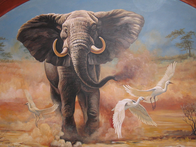 Suzanne Barrett Justis's art, art, elephant, savannah, suzanne barrett justis, animal, bird, painting, nature, white, HD wallpaper