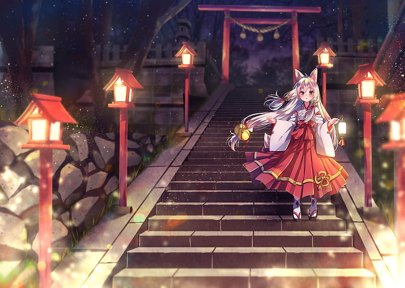 anime fox girl, shrine, torii, kimono, cute, animal ears, loli, stairs, lanterns, Anime, HD wallpaper