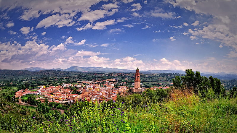 town of castellon de la plana spain, mountains, town, flowers, trees, clouds, HD wallpaper