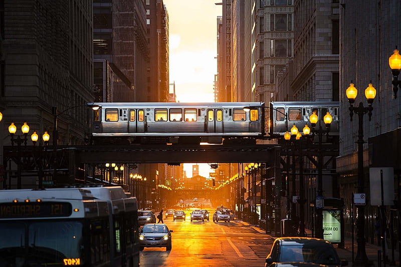 USA Street, abstract, car, chicago, city, sunlight, time, train, HD wallpaper