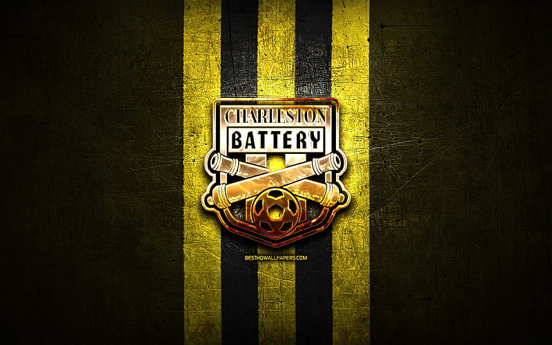 Charleston Battery FC, golden logo, USL, yellow metal background, american soccer club, United Soccer League, Charleston Battery logo, soccer, USA, HD wallpaper