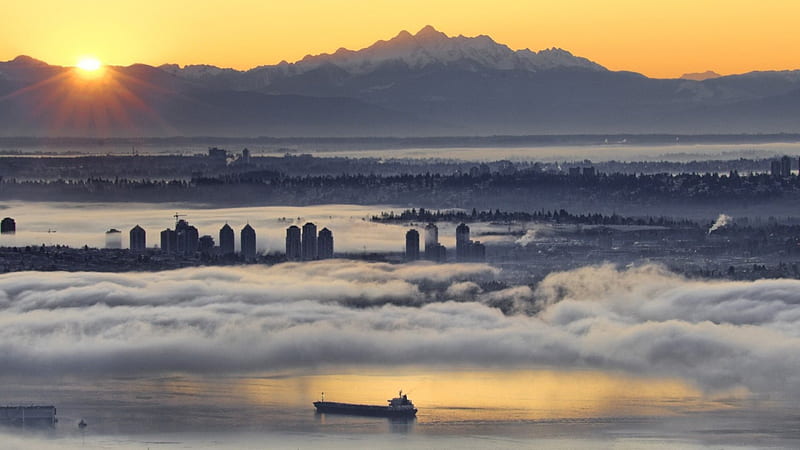 vancouver under morning blanket of fog, city, ship, mountains, sunrise, harbor, fog, HD wallpaper