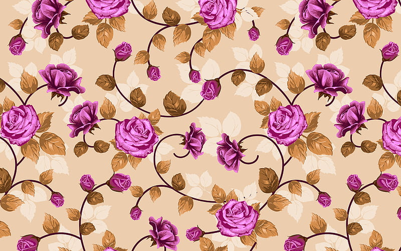 purple roses pattern, beige vintage background, floral patterns, vintage backgrounds, beige retro backgrounds, floral vintage pattern, purple roses backgrounds, HD wallpaper