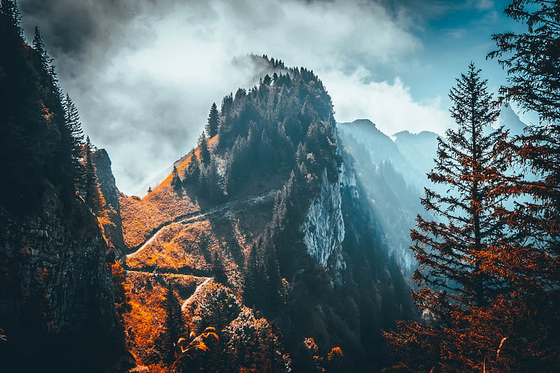 mountain, peak, trees, clouds, rock, landscape, HD wallpaper