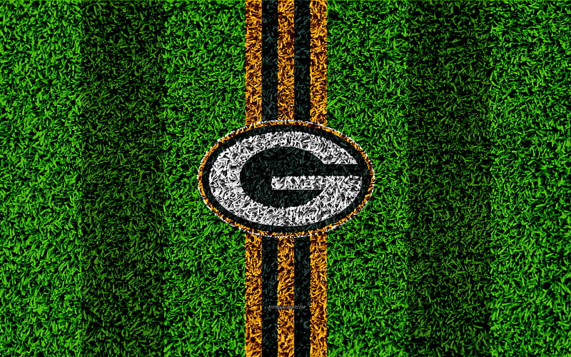 Green Bay Packers, logo grass texture, emblem, football lawn, yellow green lines, National Football League, NFL, Green Bay, Wisconsin, USA, American football, HD wallpaper
