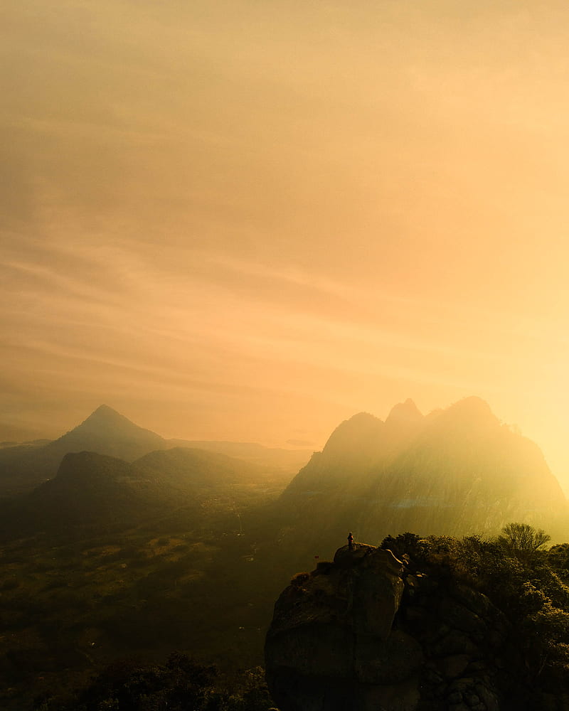 mountains, fog, sunlight, peaks, landscape, HD phone wallpaper