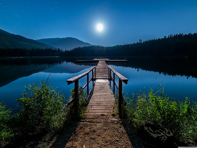 Lost lake, Blue, Mount, Moon, Stars, Canada, Wood, HD wallpaper