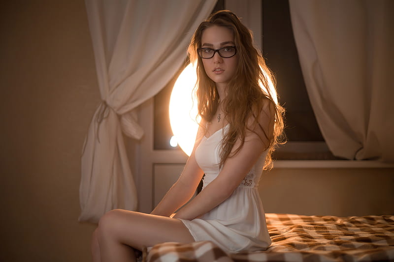 Girl With Glasses White Dress , girls, model, HD wallpaper